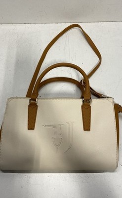 Trussardi White Tan Saffiano Leather Greyhound Logo Satchel Crossbody Bag