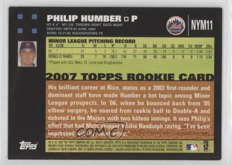 2007 Topps New York Mets Gift Set Philip Humber #NYM11 - Image 2 of 2