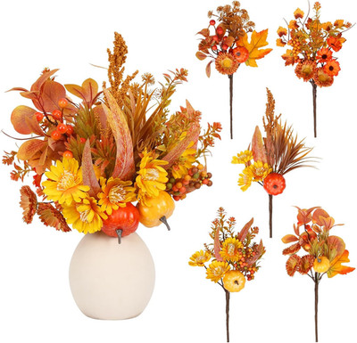 Fall Decor, 5PCS Artificial Autumn Pumpkin Plant Floral Stems Decorations, for H