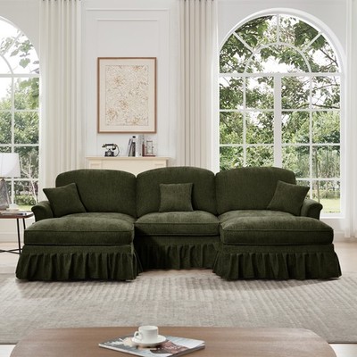 U-Shape Sectional Sofa w/ Removable Ruffles, Deep Seat Chenille, Green 3 Seater
