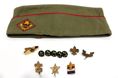 Vintage Boy Scout Pins Insiginia Hat Lot Star Merit Garrison Style Hat 1960's