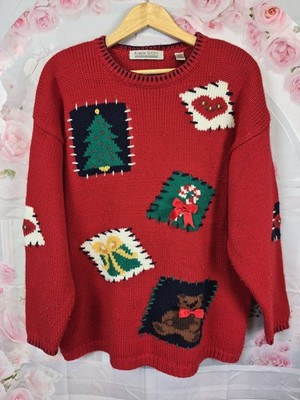 Vintage Karen Scott Weihnachtspullover Large rot Ugly Holiday Bear Tree Heart