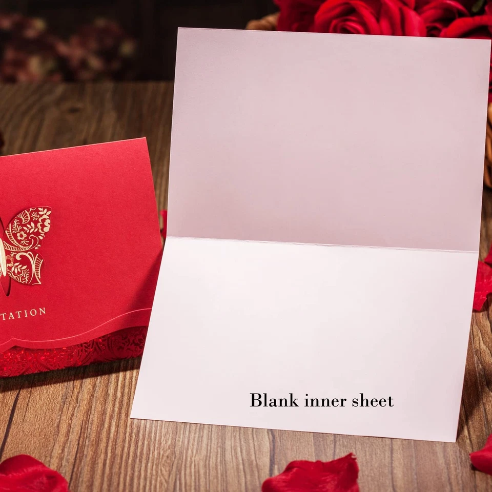 50pcs Red Laser Cut Lace Flora Invitations Cards with Gold Butterfly and Enve... - Image 4 of 4