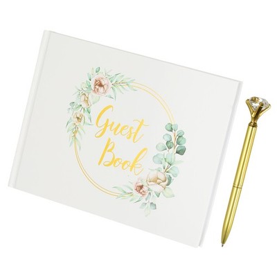 Wedding Reception Guest Book with Diamond Pen for Bridal Shower, Gold Ring