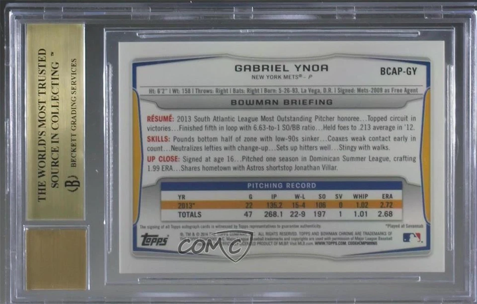 2014 Bowman Chrome Prospect Auto Gabriel Ynoa #BCAP-GY BGS 9.5 GEM MINT Auto - Image 2 of 2