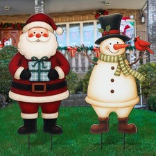 2 Pack Christmas Yard Stakes Metal 3D Boy and Girl Sign snowman