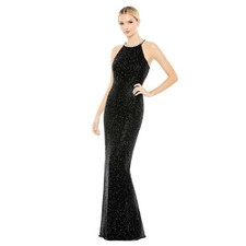 Mac Duggal Black Beaded Sleeveless High Neck Column Gown Rhinestone Collar Sz 14