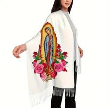 Our Lady Guadalupe Women’s Shawl Wrap Scarf Roses Ivory Virgen de Guadalupe Chal