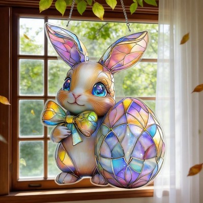 Cute Easter Bunny Acrylic Suncatcher with Colorful Egg Window Hanging Decoration