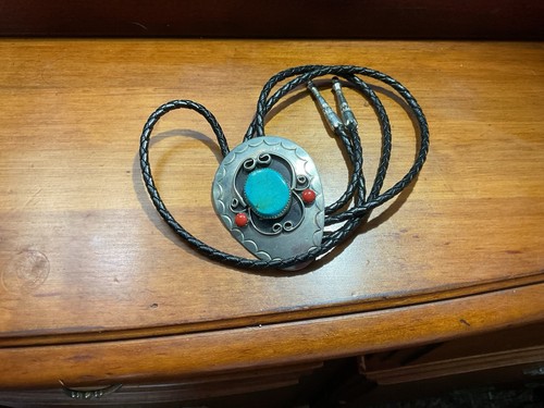 Southwest Silver Tone Faux Turquoise /Coral and Black Leather
