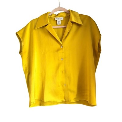 Rachel Zoe Womens Mustard Yellow Satin Sleeveless Button Down Blouse Small