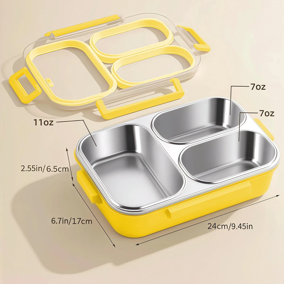 Fiambrera Bento 25 oz 3 compartimentos amarilla resistente a prueba de fugas Foto 3 de 4