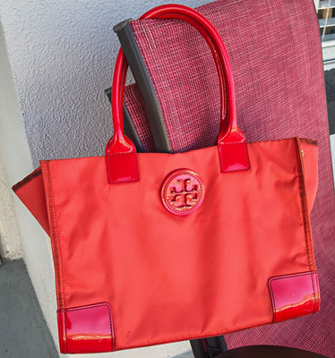 Tory Burch Orange Nylon Tote Handbag Patent Trim Logo Shoulder Bag