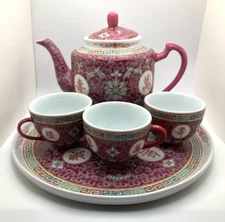 Chinese Jingdezhen Mun Shou Longevity Porcelain teapot cup plate tea service set