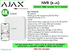 AJAX 8-Channel NVR, 4K Resolution, ONVIF Profile S/T White NO HDD 