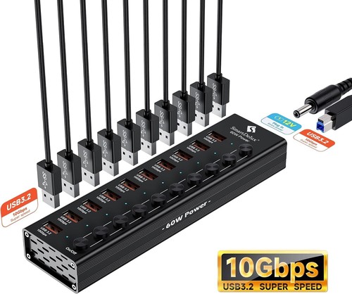 60W 10-Port USB Hub Adapter - High-Speed 10Gbps Data Transfer & Surge Protection - Picture 5 of 10