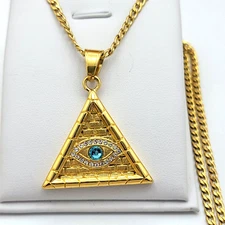 Stainless Steel & Gold Plated CZ Eye of Providence Pendant Necklace Triangle