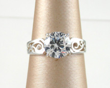 .925 Sterling Silver Ring Vintage Style CZ Solitaire Open Work Swirls Solitaire
