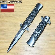 9" Skull Silver Stone Spring Assisted Folding Pocket Stiletto Needle Knife Blade