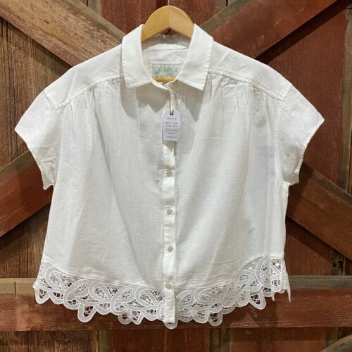 American Eagle Linen Lace Button Up Shirt Prairie Women Small White Peasant