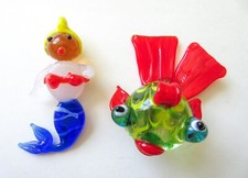 Mermaid & Puffer Fish Art Glass Ornament Pendants 2 Vtg Blown Figurines ON SALE