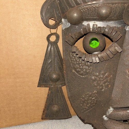 Vintage Mexican Metal/Tin Mask Wall Art Copper Tones Glass Eyes Mid Century - Picture 8 of 22