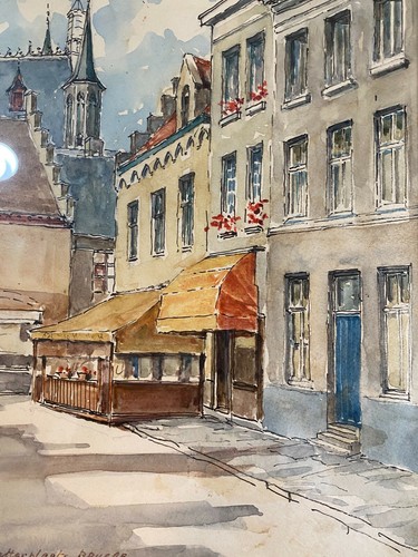Roger Verbrugghe "Huidevetterplaats Brugghe" Watercolor Painting - Signed/Framed - Picture 11 of 12