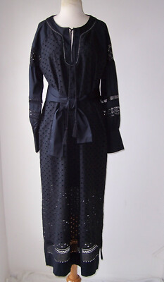 ALPHA STUDIO Black Cotton Embroidered Eyelet Lace Long Sleeve Maxi Dress 44 8 10