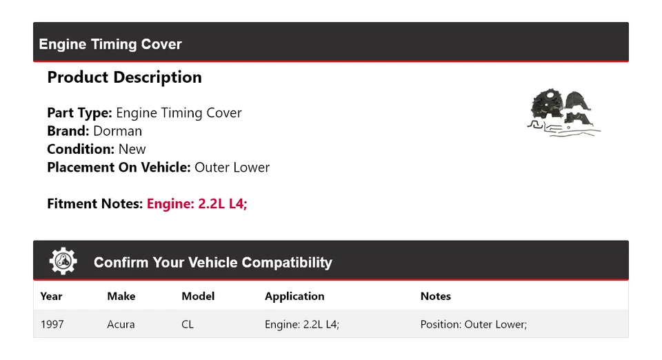 Внешняя нижняя крышка ГРМ двигателя Dorman для Acura CL 2,2 л L4 1997 года выпуска - Изображение 2 из 4