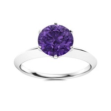 Six Prong Set 6MM Round Natural Amethyst 925 Sterling Silver Solitaire Ring