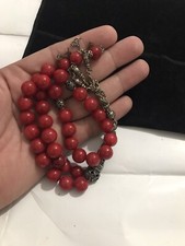 RED Coral Beads Rosary Tasbih Hand Inlaid Silver Misbaha 96G