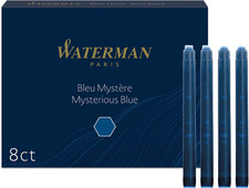 Waterman Fountain Pen Ink Cartridges, Mysterious Blue, Long Standard, 8 Count