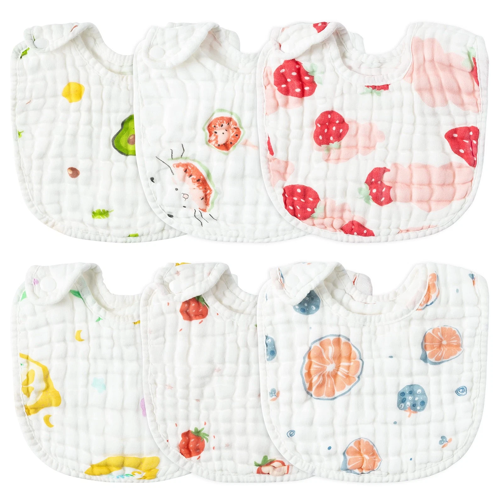 6Pcs Snap Muslin Cotton Baby Bibs Strawberry Lemon Avocado Pattern Infants Fe...