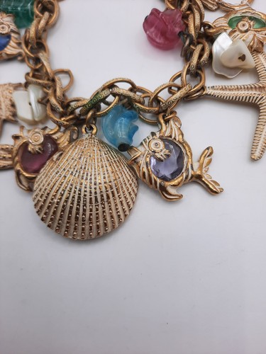 Sea Life VTG Chunky Charm Bracelet Germany Washed Gold-Tone Fish Shells 8" Fun - Picture 5 of 8
