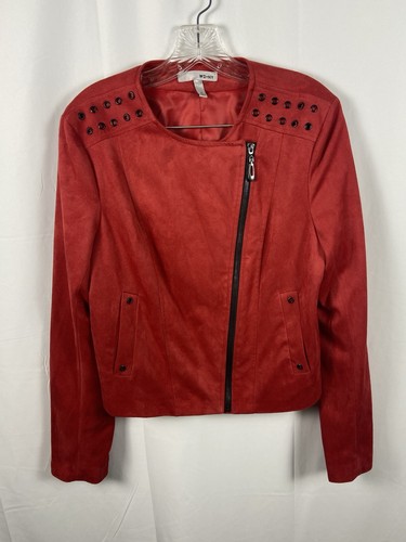 WD NY Women’s Shorty Jacket Sz M Red Zip Rivets Lined Pockets Rocker Edgy - Picture 7 of 18