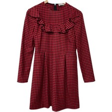 RED VALENTINO Check Dress Short Red Black Size 38 Womens Ruffle Long Sleeve
