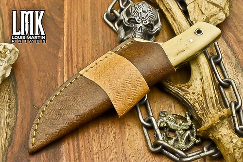 LMK Custom Skinner Knife w/Gut Hook Ladder Damascus Bone Wooden Bolster Sports - Picture 8 of 9