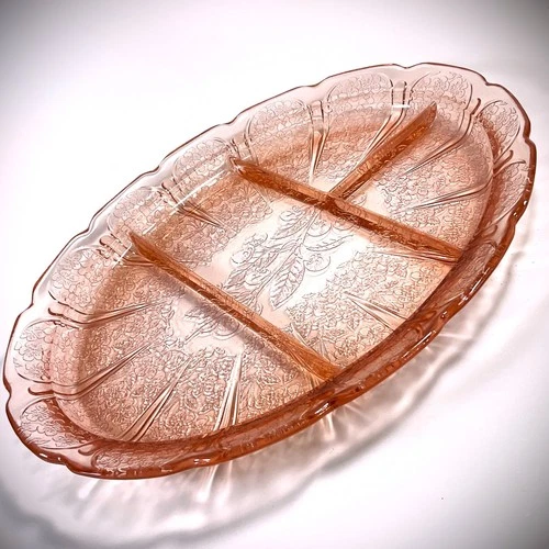 VTG Jeanette 13” Divided Platter Cherry Blossom Pink Depression Glass 1930s READ
