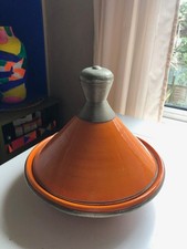 VINTAGE TERRACOTTA NORTH AFRICAN TAGINE - IN ORANGE COLOUR WITH METAL DECORATION