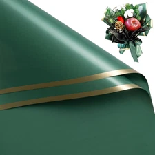 20 Sheets Flower Wrapping Paper - 22.4 x 22.4 inch Green with Gold Edge Water-Re