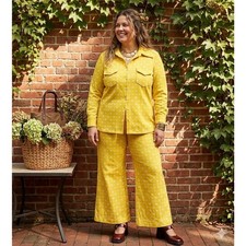 Vintage Yellow white Floral Bell Bottom Pant Suit Set Disco 70s Boho Size XL