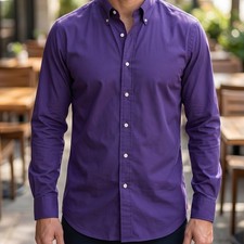 Ralph Lauren Men Custom Fit Button Down Shirt Purple Long Sleeve Cotton L -stain