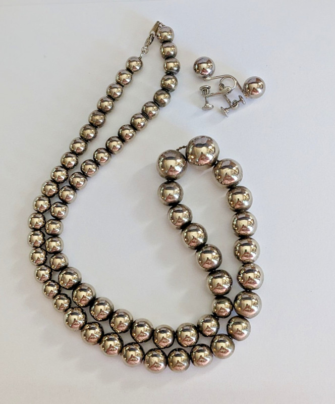 Set 60s Necklace Earrings Vintage 23” Silver Tone Strand Ball Bead Korea Pat.