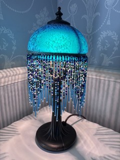 Art Nouveau style lamp with beaded opaque glass shade lovely item !
