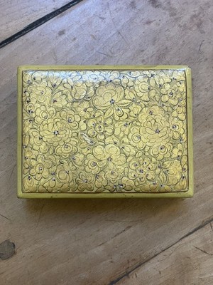 Vintage Lack Kunst Holz Schmuck Schmuckkästchen Floral Design Indien Gold Retro 