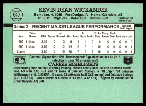 1991 Donruss Kevin Wickander Cleveland Indians #649 - Picture 2 of 2
