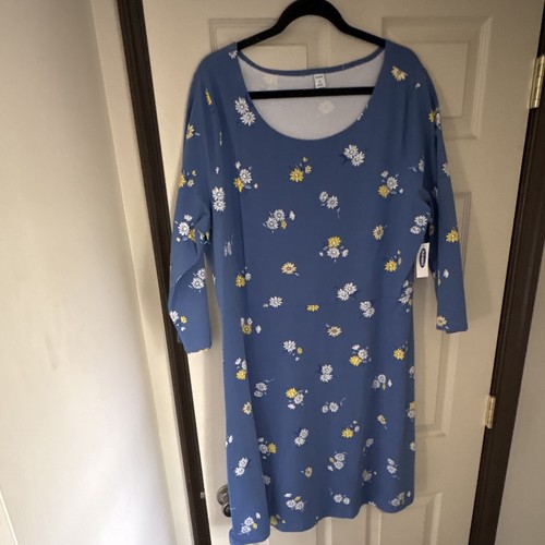 Old Navy Women’s XXL Blue White Yellow Floral Scoop Neck 3/4 Sleeve Dress