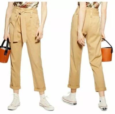 TOPSHOP Rory Paperbag Waist Utility Trousers Cuffed Crop Pants in Beige Size 4