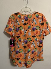 WOMEN'S SCRUBSTAR HALLOWEEN PRINT V-NECK MEDICAL SCRUB TOP-MEDIUM-NWT 