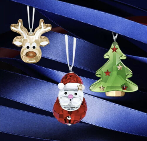NIB Lot of 3 Swarovski Ornaments Gingerbread Reindeer Rocking Santa & Green Tree